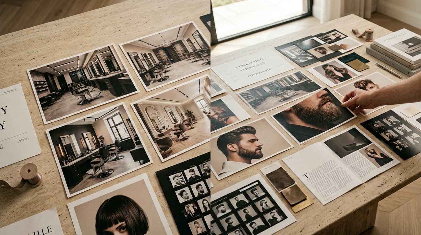 Fadezy mood board featuring barbershop and beauty salon interiors, grooming portraits, typography and material samples
