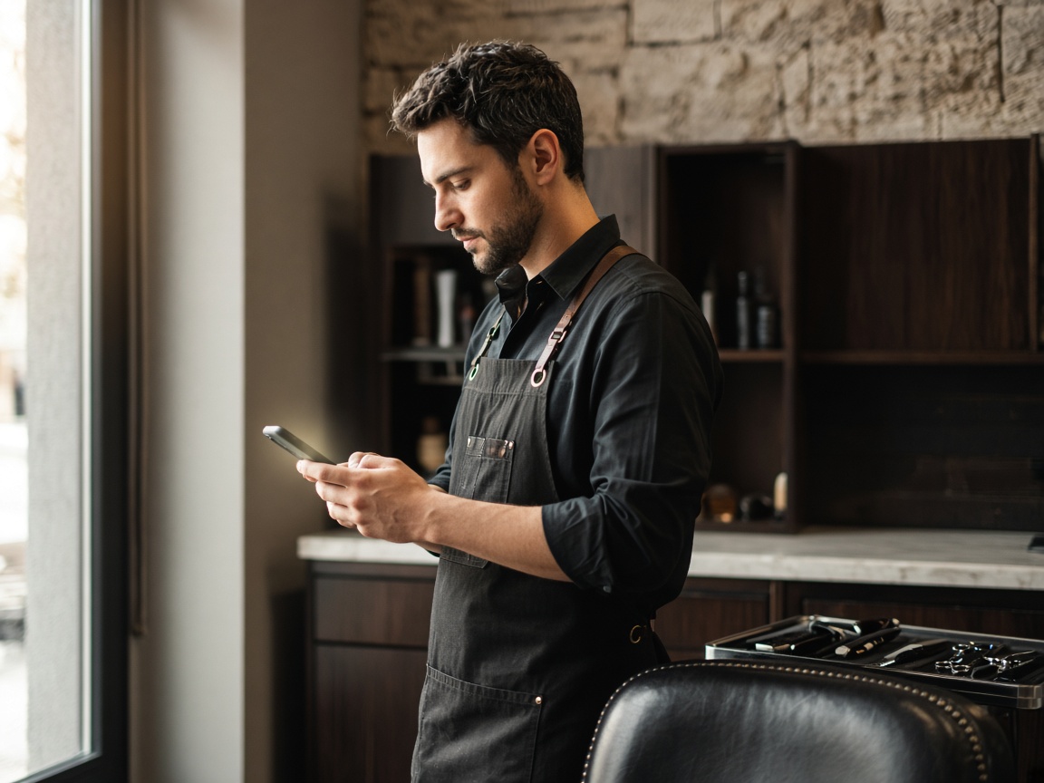 Barber reviewing his shop's digital presence on a phone inside a premium modern barbershop