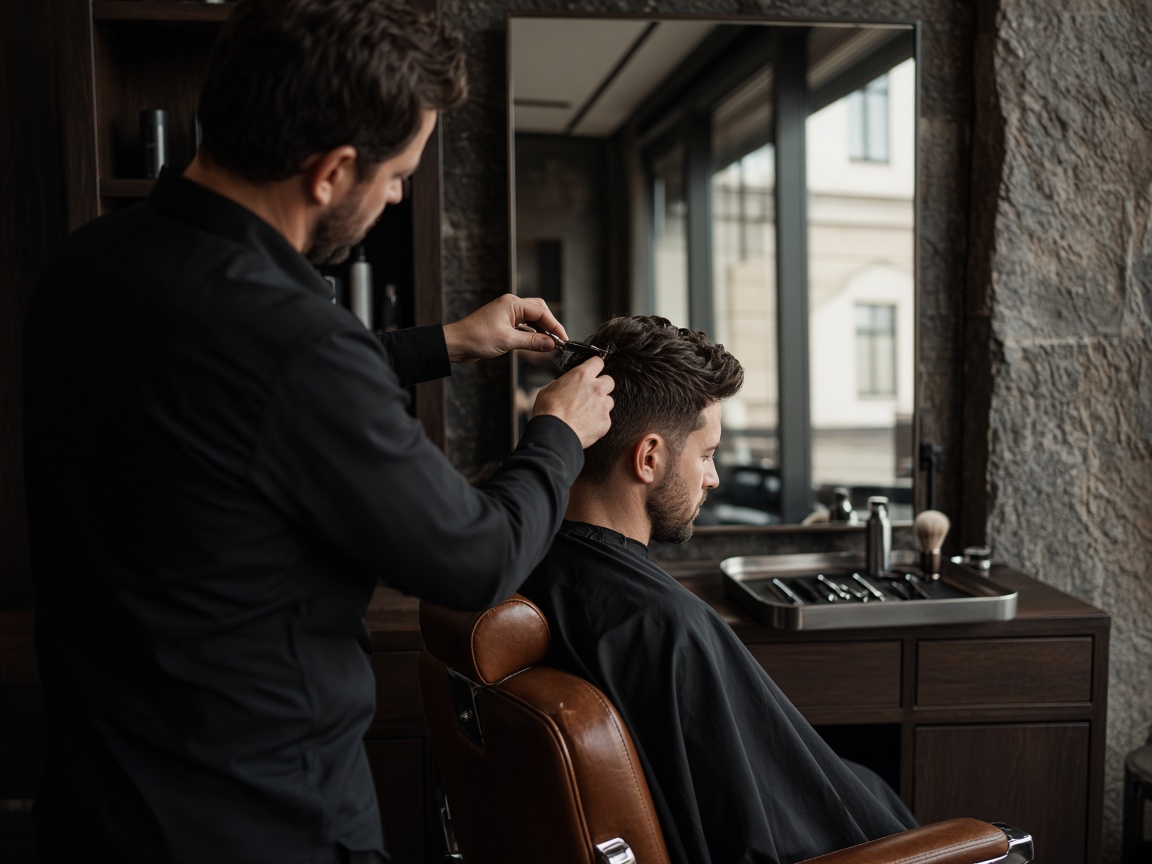 Editorial photograph inside a premium modern barbershop — barber cutting a client's hair beside the chair and mirror