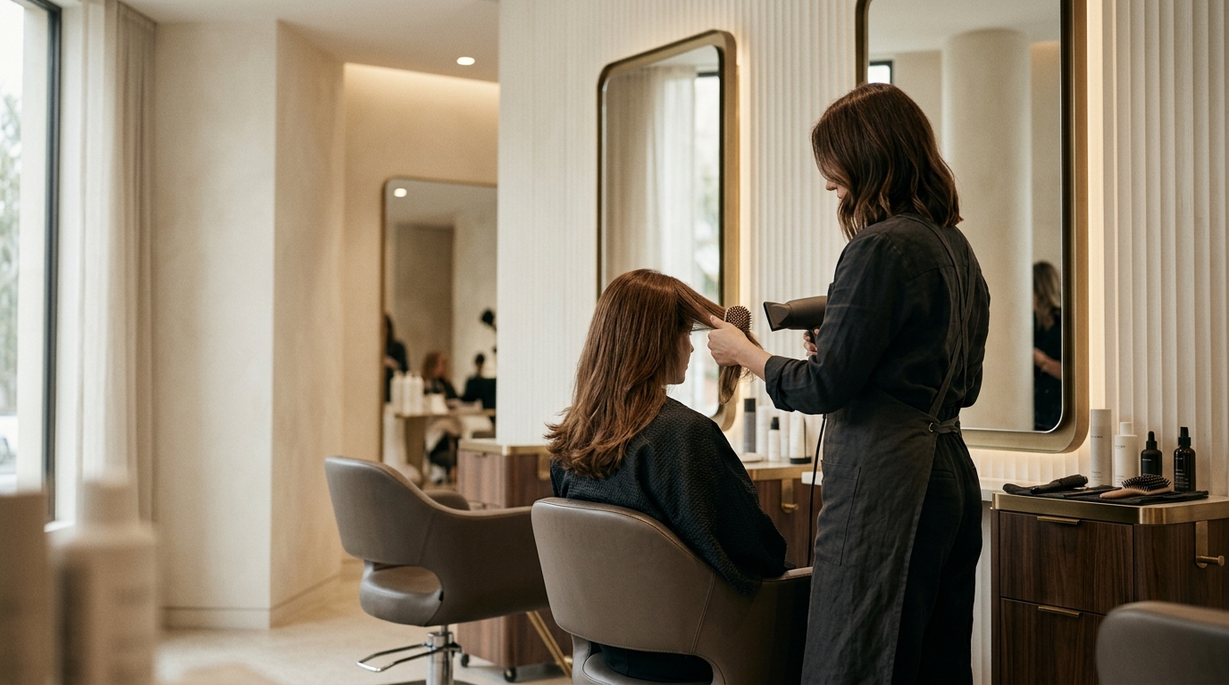 Premium beauty salon interior — stylist blow-drying a client in a modern salon space